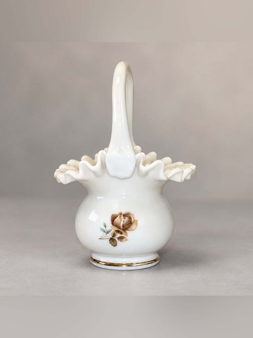 Fenton Hand Painted Rose Ruffle Basket White Glass Faded Gold Trim
